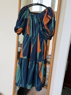 Diarrablu Navy patterned Puff-Sleeve Midi Dress with Teal & Rust Abstract Print